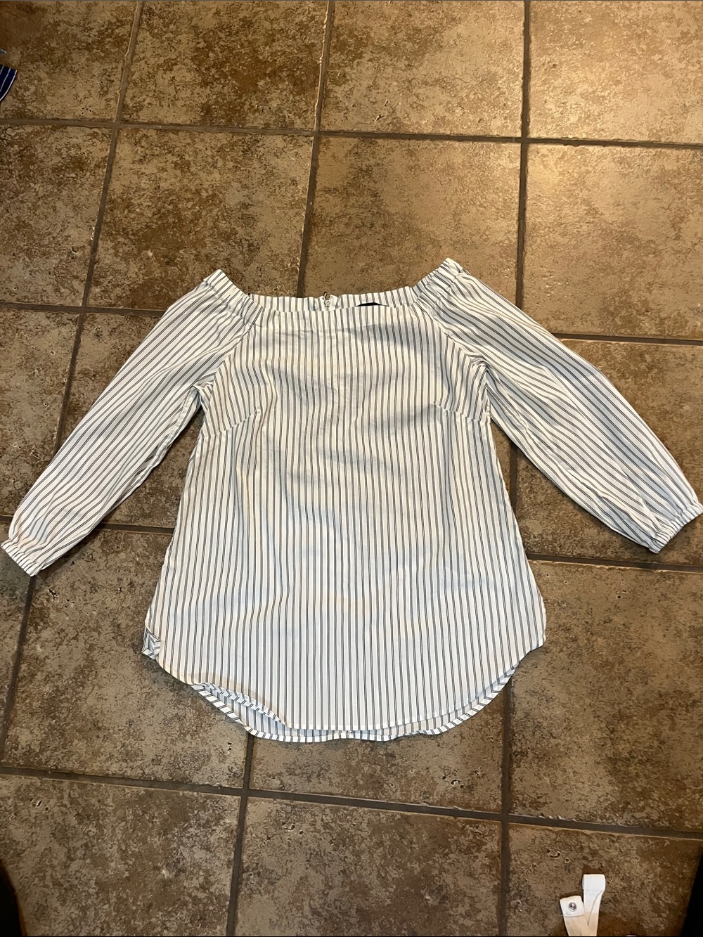 Classic! White House Black Market White and Black Striped Off-Shoulder Blouse